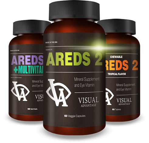 Bottles of AREDS2, AREDS2 chewable, and AREDS@ multivitamin supliments