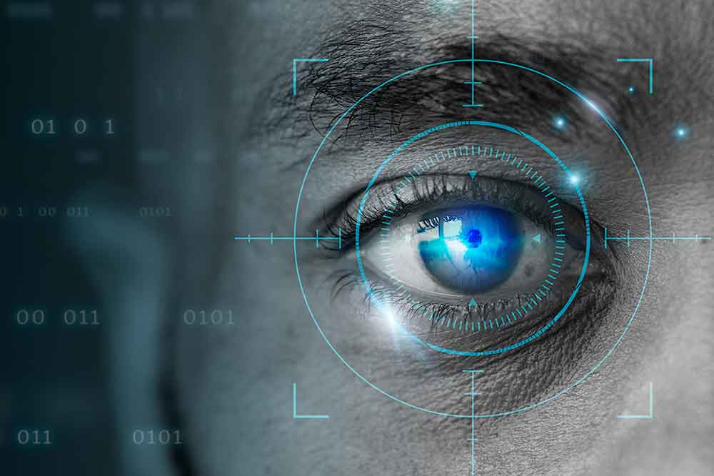 close up of a man's eye with radar grid overlaying it